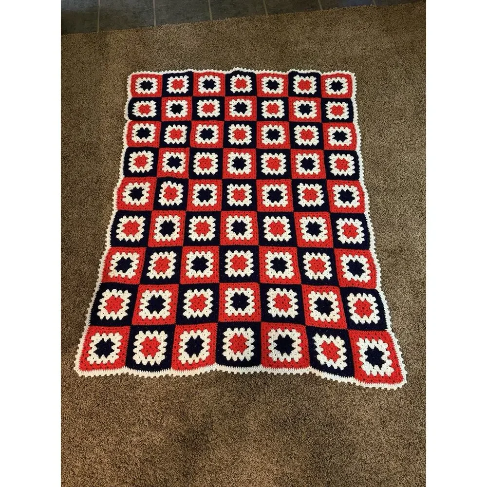 Vintage Crochet Afghan Blanket Granny Square Red White Blue Background 57”x44”